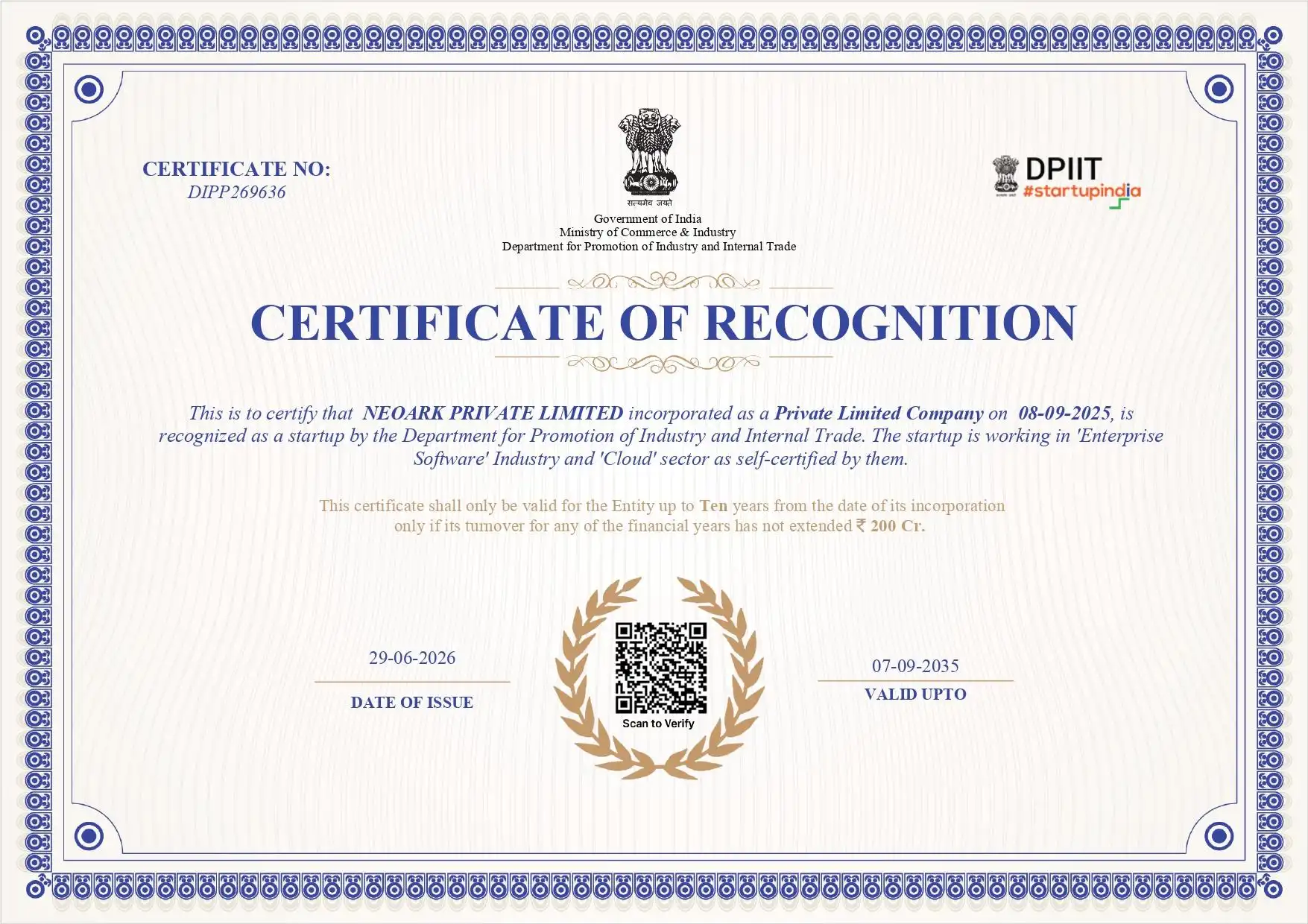 DPIIT Certificate of Recognition DIPP269636 issued to Neoark Private Limited